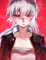 Rule 34 | 1girl, bandages, black jacket, bow, cigarette, collarbone, commentary request, embers, fujiwara no mokou, hair between eyes, hair bow, highres, jacket, long hair, looking at viewer, mouth hold, open clothes, open jacket, red background, red eyes, sarashi, silver hair, simple background, smoking, solo, strapless, temu (tem27), touhou, tube top, upper body, white bow