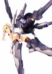 Rule 34 | 1girl, absurdres, black thighhighs, blonde hair, blue eyes, cameltoe, crop top, crotch seam, detached wings, dobunezumi, eyebrows, from behind, from below, glowing, highres, legs apart, long hair, looking at viewer, looking back, mecha musume, mechanical wings, midriff, no pants, open mouth, original, panties, simple background, sleeveless, solo, striped clothes, striped panties, thighhighs, twintails, underwear, white background, wings