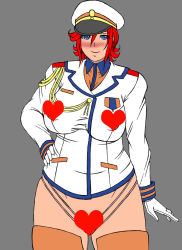 Rule 34 | 1girl, breasts, censored, heart, heart censor, highres, kaname buccaneer, large breasts, macross, macross delta, censored nipples, papepox2, pointless censoring, red hair, smile, solo, standing