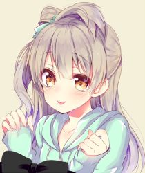 Rule 34 | 10s, 1girl, :p, ayuma sayu, beige background, bow, brown eyes, clenched hands, green bow, grey hair, hair bow, half updo, hood, hood down, hoodie, looking at viewer, love live!, love live! school idol project, minami kotori, one side up, simple background, sleeves past wrists, solo, tongue, tongue out, upper body, yellow background, zipper
