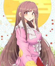 Rule 34 | 1girl, alternate eye color, alternate hair color, blunt bangs, blush, bow, bowtie, breasts, brown hair, collared shirt, eyelashes, floral print, flower, hand on own cheek, hand on own face, hand up, highres, hime cut, houraisan kaguya, japanese clothes, large breasts, long hair, long sleeves, looking at viewer, moon, open mouth, pink shirt, red flower, red skirt, sanpaku, shirt, skirt, sleeves past wrists, solo, touhou, umigarasu (kitsune1963), very long hair, white bow, white bowtie, white flower, wide sleeves, yellow eyes