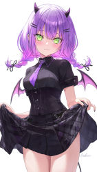 Rule 34 | 1girl, black nails, black shirt, black skirt, blush, braid, breasts, clothes lift, collared shirt, commentary, cowboy shot, demon girl, ear piercing, green eyes, guchico, hair between eyes, hair ornament, hairclip, highres, hololive, horns, lifted by self, long hair, looking at viewer, medium breasts, mini wings, nail polish, necktie, piercing, purple hair, purple necktie, shirt, short necktie, short sleeves, signature, simple background, skirt, skirt lift, solo, symbol-only commentary, tail, thighs, tokoyami towa, twin braids, virtual youtuber, white background, wing collar, wings