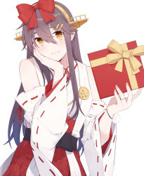 Rule 34 | 1girl, bare shoulders, blush, bow, box, detached sleeves, gift, gift box, grey hair, hair between eyes, hair bow, hair ornament, hairclip, hand on own chest, haruna (kancolle), headgear, highres, holding, holding box, ieufg, jewelry, kantai collection, long hair, looking at viewer, nontraditional miko, pleated skirt, red bow, red skirt, ribbon-trimmed sleeves, ribbon trim, ring, simple background, skirt, smile, solo, upper body, wedding band, white background