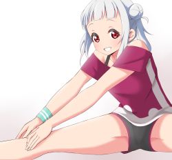 Rule 34 | 1girl, aqua wristband, arashi chisato, artist name, artist request, bare legs, black shorts, black tank top, blue wristband, blush, breasts, collarbone, double bun, female focus, hair bun, hair tie, hand on own knee, highres, long hair, looking at viewer, love live!, love live! school idol festival, love live! superstar!!, outstretched arms, parted lips, red eyes, red shirt, shirt, short shorts, short sleeves, shorts, sitting, small breasts, smile, solo, spread legs, tank top, teeth, twintails, undershirt, wavy hair, white background, white hair