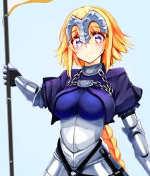 Rule 34 | 1girl, armor, blonde hair, blush, braid, breasts, capelet, chain, closed mouth, fate/apocrypha, fate (series), faulds, flag, gauntlets, jeanne d&#039;arc (fate), jeanne d&#039;arc (ruler) (fate), large breasts, long hair, purple eyes, single braid, smile, solo, tsukui kachou, upper body, very long hair