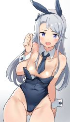 Rule 34 | 1girl, animal ears, bare shoulders, blush, breasts, buta-don, collarbone, commentary, detached collar, fake animal ears, gluteal fold, gradient background, grey background, grey hair, highres, kantai collection, leotard, long hair, looking at viewer, necktie, nervous smile, open mouth, playboy bunny, purple eyes, rabbit ears, sagiri (kancolle), simple background, small breasts, smile, solo, swept bangs, thighs, white background, wrist cuffs