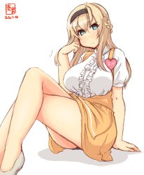 Rule 34 | 1girl, alternate costume, anna miller, apron, artist logo, badge, black hairband, blonde hair, blouse, blue eyes, braid, breasts, center frills, commentary request, crossed legs, dated, french braid, frilled shirt, frills, hairband, highres, kanon (kurogane knights), kantai collection, large breasts, long hair, long sleeves, name tag, shirt, simple background, sitting, skirt, solo, suspender skirt, suspenders, waitress, warspite (kancolle), white background, white footwear, white shirt, yellow apron, yellow skirt