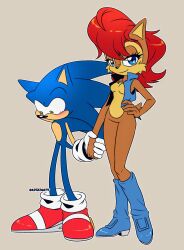 Rule 34 | 1boy, 1girl, artist name, blue eyes, blue jacket, couple, embarrassed, gloves, green eyes, half-closed eyes, highres, holding hands, jacket, looking at viewer, looking down, red hair, risziarts, sally acorn, size difference, smile, sonic (series), sonic the hedgehog, sonic the hedgehog (archie comics), tall female, white gloves