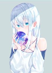 Rule 34 | 1girl, absurdres, albino, aqua eyes, arm up, bad id, bad pixiv id, bare shoulders, blush, covered mouth, eyes visible through hair, flat chest, grey background, hair between eyes, highres, holding, long hair, looking at viewer, original, sidelocks, simple background, sinobi illust, sky, upper body, white hair, white theme