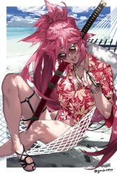 Rule 34 | 1girl, alternate costume, baiken, beach, breasts, brown-tinted eyewear, cloud, cloudy sky, facial mark, fingernails, gaak11977, guilty gear, hair between eyes, highres, holding, holding weapon, jewelry, long hair, necklace, ocean, open mouth, ponytail, sand, sandals, scar, scar across eye, scar on face, sharp fingernails, sheath, sheathed, sitting, sky, smoking pipe, solo, summer, sunglasses, sword, thigh strap, tinted eyewear, tongue, tongue out, twitter username, weapon