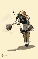 Rule 34 | 1girl, arcafterdark, arm at side, arm up, breasts, colored skin, duster, eighth note, feather duster, gloves, highres, holding, ivara (warframe), leaning forward, legs together, maid, multicolored skin, musical note, quarter note, shadow, signature, simple background, small breasts, solo, standing, warframe, white gloves
