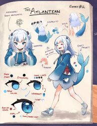 Rule 34 | 1girl, blue eyes, blue hair, blue hoodie, book, color guide, diamond-shaped pupils, diamond (shape), english text, fins, fish tail, food, gawr gura, gawr gura (1st costume), gills, hair ornament, hairpin, hololive, hololive english, hood, hood down, hoodie, long hair, multicolored hair, onigiri, open book, shark hair ornament, shark print, shark tail, shoes, shrimp, sleeves past wrists, sneakers, solo, streaked hair, symbol-shaped pupils, tail, taiyo sketches, unworn clothes, unworn hoodie, virtual youtuber, white footwear, white hair