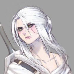 Rule 34 | 1girl, ciri, collarbone, green eyes, lips, long hair, sakamoto mineji, scar, scar across eye, scar on face, silver hair, simple background, solo, sword, the witcher (series), the witcher 3, weapon, yellow eyes