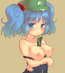 1girl bare_shoulders between_breasts blue_eyes blue_hair blush breasts clothes_pull collarbone cucumber cum cum_on_body cum_on_breasts cum_on_hair cum_on_upper_body facial female_focus hair_bobbles hair_ornament kawashiro_nitori looking_at_viewer matching_hair/eyes medium_breasts miruki nipples one-piece_swimsuit one-piece_swimsuit_pull school_swimsuit sexually_suggestive simple_background simulated_paizuri solo suggestive_fluid swimsuit touhou twintails two_side_up