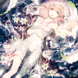 Rule 34 | 1girl, dairoku ryouhei, dress, flower, foreshortening, from above, hand up, light brown hair, long hair, lying, no nm 00, on back, pale skin, partially submerged, red eyes, red ribbon, ribbon, solo, veil, very long hair, watermark, wet, white dress