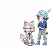 Rule 34 | 1boy, 1girl, :d, animal ears, animated, black hair, blue eyes, blue vest, chibi, commentary, dog (mixed breed) (kemono friends), fetch, frisbee, green hair, grey hair, grey pants, hat, hat feather, heterochromia, japari symbol, kemono friends, kemono friends 2, kyururu (kemono friends), looping animation, motion blur, multicolored hair, open mouth, pants, pantyhose, purple eyes, short hair, short sleeves, simple background, sitting, smile, tail, tail wagging, taro (tontaro), throwing, two-tone hair, vest, video, watch, white background, white hair, yellow eyes