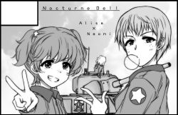 Rule 34 | 3girls, alisa (girls und panzer), border, blowing bubbles, character name, chewing gum, circle cut, circle name, cloud, cloudy sky, commentary request, emblem, freckles, girls und panzer, greyscale, grin, hair ornament, jacket, kay (girls und panzer), kibimoka, long sleeves, looking at viewer, m4 sherman, military, military uniform, military vehicle, monochrome, motor vehicle, multiple girls, naomi (girls und panzer), outdoors, saunders (emblem), saunders military uniform, short hair, short twintails, sky, smile, star (symbol), star hair ornament, tank, twintails, uniform, v, very short hair, w