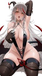 Rule 34 | 1girl, absurdly long hair, absurdres, aegir (azur lane), arm up, armpits, azur lane, bare shoulders, between breasts, black gloves, black panties, black thighhighs, breasts, cleavage, collarbone, cross, cross-laced clothes, demon girl, demon horns, demon tail, demon wings, dishwasher1910, earrings, elbow gloves, gloves, gluteal fold, grabbing own breast, groin, hair between eyes, hair ornament, hairclip, heart, heart-shaped pupils, highres, horn ornament, horns, iron blood (emblem), iron cross, jewelry, large breasts, long hair, looking at viewer, low wings, mole on crotch, mouth veil, multi-strapped panties, multicolored hair, navel, o-ring, open mouth, panties, pubic tattoo, red hair, shadow, sidelocks, simple background, sitting, skindentation, slingshot swimsuit, solo, stomach, strap between breasts, streaked hair, swept bangs, swimsuit, symbol-shaped pupils, tail, tattoo, teeth, thighhighs, tongue, tongue out, underwear, upper teeth only, veil, very long hair, waist cape, wariza, white background, white hair, wings, yellow eyes