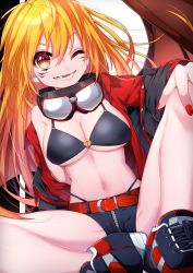 Rule 34 | 1girl, ;d, belt, black footwear, black shorts, blonde hair, breasts, goggles, goggles around neck, hand on own knee, highres, ikurikaito, jacket, medium breasts, midriff, nail polish, navel, one eye closed, open mouth, orange eyes, original, red jacket, red nails, shorts, sitting, smile, solo, zipper