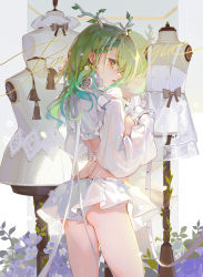 Rule 34 | 1girl, absurdres, akizero1510, antlers, ass, blue hair, braid, branch, breasts, ceres fauna, cowboy shot, crop top, earrings, flower, gradient hair, green hair, hair behind ear, hair flower, hair ornament, highres, hololive, hololive english, horns, jewelry, long hair, long sleeves, looking at viewer, looking back, mannequin, medium breasts, miniskirt, mole, mole under eye, multicolored hair, panties, parted lips, puffy long sleeves, puffy sleeves, sideboob, skirt, solo, standing, underwear, virtual youtuber, white panties, white skirt, yellow eyes