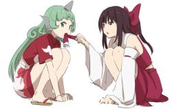 Rule 34 | 2girls, bare shoulders, bow, brown eyes, brown hair, cloud print, collared shirt, curly hair, detached sleeves, frilled hair tubes, frills, green eyes, green hair, hair bow, hair tubes, hair tubes removed, hakurei reimu, horns, in mouth, kariyushi shirt, komano aunn, leon (mikiri hassha), long hair, looking at another, looking at viewer, midriff peek, multiple girls, nontraditional miko, red bow, red skirt, sandals, shirt, short sleeves, simple background, single horn, skirt, sleeveless, sleeveless shirt, squatting, sweatdrop, touhou, triangle mouth, tsurime, white background