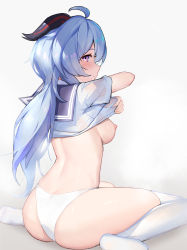 Rule 34 | 1girl, absurdres, ahoge, alternate costume, ass, blue hair, blue sailor collar, blue shirt, breasts, butt crack, casual, clothes lift, curled horns, from behind, from side, ganyu (genshin impact), genshin impact, goat horns, gradient background, grey background, highres, horns, long hair, looking at viewer, looking to the side, low ponytail, medium breasts, nipples, no bra, panties, purple eyes, sailor collar, school uniform, see-through, serafuku, shirt, shirt lift, short sleeves, sideboob, sideways glance, sitting, solo, thighhighs, underwear, undressing, wariza, white panties, white thighhighs, wsad4073 (40739983)