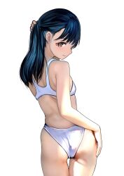 Rule 34 | 1girl, absurdres, ass, black hair, brown eyes, competition swimsuit, cowboy shot, emutsuichi, from behind, highres, holding, holding own hair, long hair, looking at viewer, looking back, one-piece swimsuit, original, simple background, solo, swimsuit, thigh gap, white background, white swimsuit