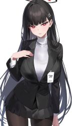 Rule 34 | 1girl, black hair, black jacket, black pantyhose, black skirt, blazer, blue archive, blush, breasts, chikoku, halo, hand on own chest, highres, jacket, large breasts, looking at viewer, pantyhose, pleated skirt, red eyes, ribbed sweater, rio (blue archive), simple background, skirt, solo, sweater, white background, white sweater
