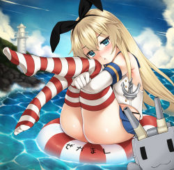 Rule 34 | 10s, 1girl, anchor, anchor hair ornament, ass, bad id, bad pixiv id, black panties, blonde hair, elbow gloves, gloves, hair ornament, hairband, highres, hugging own legs, innertube, kantai collection, lighthouse, long hair, looking at viewer, panties, personification, ren san, rensouhou-chan, shimakaze (kancolle), striped clothes, striped thighhighs, swim ring, thighhighs, underwear