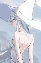 Rule 34 | 1girl, absurdres, backless outfit, bare back, gawako, grey hair, hat, highres, original, solo, white hair, witch hat