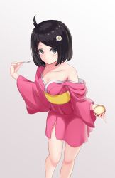 Rule 34 | 1girl, ahoge, araragi tsukihi, arata (xin), bad id, bad pixiv id, bare legs, bare shoulders, black eyes, black hair, blush, breasts, cleavage, collarbone, commentary request, egg (food), feet out of frame, food, fried egg, hair ornament, highres, holding, holding food, holding spoon, japanese clothes, kimono, looking at viewer, medium breasts, monogatari (series), nisemonogatari, off shoulder, pink kimono, short hair, short kimono, simple background, smile, solo, spoon, standing, white background, wide sleeves