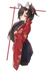 Rule 34 | 1girl, alternate costume, alternate hairstyle, animal ear fluff, animal ears, black hair, blue skirt, breasts, commentary, cowboy shot, floral print, hair between eyes, hair ornament, hair ribbon, highres, hololive, japanese clothes, kimono, light smile, long hair, looking at viewer, majo (pastamajo), medium breasts, multicolored hair, ookami mio, ookami mio (new year), parted bangs, pleated skirt, ponytail, red hair, red kimono, ribbon, simple background, skirt, smile, solo, streaked hair, tail, tail wrap, two-tone hair, virtual youtuber, white background, wide sleeves, wolf ears, wolf tail, yellow eyes