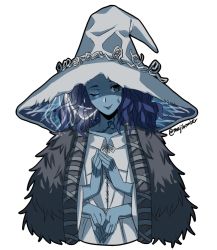 Rule 34 | 1girl, blue hair, blue skin, cloak, colored skin, dress, elden ring, extra arms, extra faces, flat chest, fur cloak, hat, highres, looking at viewer, maji (majibomber), medium hair, one eye closed, own hands together, ranni the witch, simple background, smile, solo, twitter username, upper body, white background, white dress, witch hat