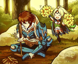 Rule 34 | 1boy, 1girl, ^ ^, aquanut, armor, blush stickers, boots, brown hair, cape, cheering, closed eyes, closed eyes, fire emblem, fire emblem awakening, forest, frederick (fire emblem), garter straps, green hair, indian style, nature, nintendo, nowi (fire emblem), open mouth, pointy ears, pom pom (cheerleading), sitting, smile, tree