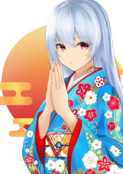 Rule 34 | 1girl, 2022, absurdres, alternate costume, blue hair, blue kimono, closed mouth, commentary, girls&#039; frontline, hand on hand, highres, japanese clothes, kimono, lips, long hair, looking at viewer, nail polish, nakaryo0404, pink nails, red eyes, scar, scar on neck, simple background, solo, thunder (girls&#039; frontline), upper body
