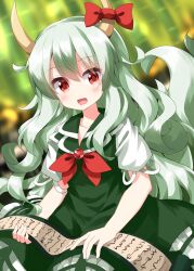 Rule 34 | bamboo, bamboo forest, blurry, blurry background, bow, bowtie, dress, ex-keine, forest, green dress, green skirt, highres, horns, kamishirasawa keine, long hair, multiple tails, nature, one-hour drawing challenge, open mouth, ruu (tksymkw), scroll, skirt, tail, touhou, very long hair, white hair