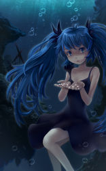 Rule 34 | 1girl, bare shoulders, black dress, blue eyes, blue hair, bubble, colored eyelashes, cupping hands, diamond (gemstone), dress, female focus, hatsune miku, heus (nuntarou), long hair, matching hair/eyes, open hands, own hands together, shinkai shoujo (vocaloid), solo, twintails, underwater, vocaloid
