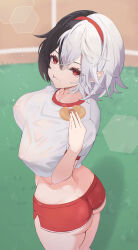 1girl ass azur_lane black_hair bruenhilde_(azur_lane) bruenhilde_(grain-seizing_grani)_(azur_lane) covered_erect_nipples eating from_side gym_uniform hair_between_eyes hairband highres multicolored_hair official_alternate_costume red_hair red_hairband rizzy see-through_clothes see-through_shirt shirt short_hair short_sleeves solo split-color_hair white_hair white_shirt