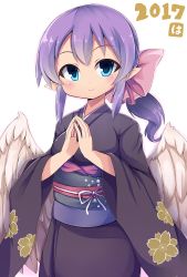 Rule 34 | 1girl, 2017, blue eyes, bow, feathered wings, hair bow, kimno, long hair, looking at viewer, low wings, obi, own hands clasped, own hands together, pink bow, pointy ears, ponytail, purple hair, sash, smile, solo, tatuyayosi, white wings, wings