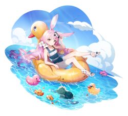Rule 34 | 1girl, animal ears, bare arms, bare legs, bird, blue one-piece swimsuit, blue sky, bow, cloud, competition swimsuit, duck, duck innertube, duckling, eversoul, flower, full body, game cg, hair bow, hair flower, hair ornament, highres, innertube, lens flare, long hair, looking at viewer, looking to the side, ocean, official alternate costume, official alternate hairstyle, official art, one-piece swimsuit, orange flower, pink eyes, pink flower, pink hair, rabbit ears, rabbit girl, sandals, sky, smile, solo, soonie (eversoul), swim ring, swimsuit, tachi-e, transparent background, turtle, twintails, white flower, white footwear