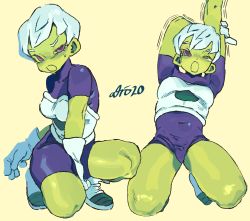 Rule 34 | 1girl, absurdres, arms up, bodysuit, boots, cheelai, colored skin, covered navel, curvy, dragon ball, dragon ball super, dragon ball super broly, gloves, green skin, highres, multiple views, one eye closed, open mouth, purple bodysuit, purple eyes, short hair, short sleeves, signature, simple background, squatting, stretching, white gloves, white hair, whoopsatro, yellow background