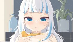 Rule 34 | 1girl, :&lt;, ahoge, bath, bathing, bathtub, blue eyes, blue hair, blue nails, closed mouth, food, gawr gura, holding, holding food, holding pizza, hololive, hololive english, indoors, long hair, multicolored hair, nude, partially submerged, pizza, pizza slice, plant, shark girl, solo, streaked hair, tenroy, virtual youtuber, white hair