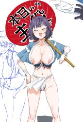 Rule 34 | 1girl, areola slip, blue archive, breasts, clearite, female pubic hair, fundoshi, happi, highres, japanese clothes, large breasts, moe (blue archive), navel, pubic hair, purple hair, saki (blue archive), short hair, simple background, sketch, white background