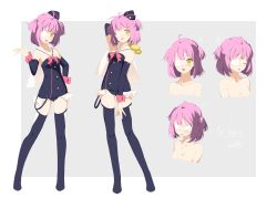 Rule 34 | absurdres, bare shoulders, breasts, character sheet, eyepatch, full body, half updo, hat, highres, indie virtual youtuber, kurameki kyou, medium hair, naoya come, purple hair, sailor collar, second-party source, short twintails, sleeveless, small breasts, tilted headwear, tongue, tongue out, twintails, virtual youtuber, white background, yellow eyes