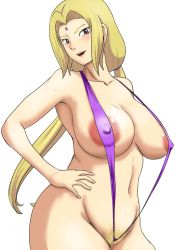 Rule 34 | 1girl, areola slip, blonde hair, breasts, brown eyes, cleavage, collarbone, colored pubic hair, curvy, facial mark, forehead mark, groin, hand on own hip, highres, huge breasts, large areolae, long hair, looking at viewer, naruto, naruto (series), navel, open mouth, plump, pubic hair, puffy areolae, slingshot swimsuit, smile, swimsuit, tof, tsunade (naruto), twintails