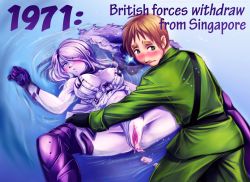 Rule 34 | 10s, 1971, 1boy, 1girl, :t, abyssal ship, after vaginal, aftersex, annoyed, armor, armored boots, axis powers hetalia, black gloves, blue eyes, blush, boots, breasts, breasts apart, brown hair, clitoris, clothed sex, clothing aside, crossover, cum, cum in pussy, cum pool, cumdrip, embarrassed, english text, flower, gloves, green eyes, hair over one eye, hat, hat flower, unworn hat, unworn headwear, historical event, kantai collection, large breasts, long hair, lying, medium breasts, melisaongmiqin, military, military uniform, name connection, no bra, object namesake, on back, panties, panties aside, pout, pun, pussy, seaport summer princess, singapore, spread legs, sweatdrop, thigh boots, thighhighs, too literal, uncensored, underwear, uniform, united kingdom (hetalia), white hair, white panties