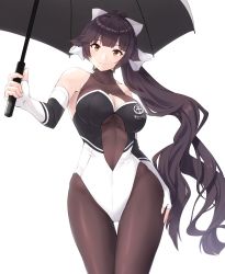 Rule 34 | 1girl, azur lane, bodystocking, bow, breasts, brown eyes, brown hair, cleavage, cleavage cutout, clothing cutout, cowboy shot, elbow gloves, enchuu kakiemon, extra ears, fingerless gloves, gloves, hair flaps, highres, holding, holding umbrella, large breasts, leotard, logo, long hair, multicolored leotard, official alternate costume, race queen, ribbon, smile, solo, takao (azur lane), takao (full throttle charmer) (azur lane), umbrella, unitard, white background, white bow, white ribbon