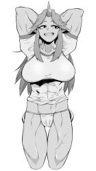 Rule 34 | 1girl, abs, absurdres, arms behind head, breasts, collarbone, cowboy shot, fundoshi, greyscale, highres, horns, hoshiguma yuugi, japanese clothes, kantoqyoiko, large breasts, long hair, looking to the side, monochrome, muscular, muscular female, oni, pointy ears, sharp teeth, shirt, sidelocks, single horn, smile, solo, t-shirt, teeth, thigh gap, touhou, veins