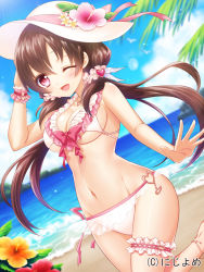Rule 34 | 1girl, ;d, beach, bikini, blue sky, blush, breasts, brown hair, cleavage, cloud, day, dutch angle, flower, frilled bikini, frills, groin, hair ornament, hat, hat flower, heart, heart hair ornament, hibiscus, itsuki jun, medium breasts, navel, ocean, official art, one eye closed, open mouth, pink eyes, scrunchie, sky, smile, solo, standing, standing on one leg, swimsuit, thigh strap, twintails, valhalla valkyries, white bikini, white hat, wrist scrunchie