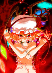 Rule 34 | 1girl, bad id, bad pixiv id, blonde hair, blood, chain, female focus, flandre scarlet, glowing, hat, laevatein, nail polish, nude, orangec, red eyes, red nails, short hair, solo, embodiment of scarlet devil, touhou, wings, yandere
